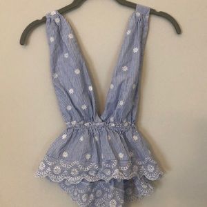 Deep V blue eyelet tank top